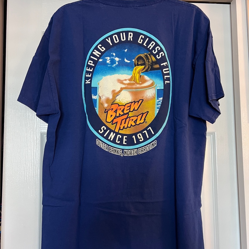 Navy Blue Short Sleeve Tee with Brew Thru Graphic - Outer Banks, North Carolina